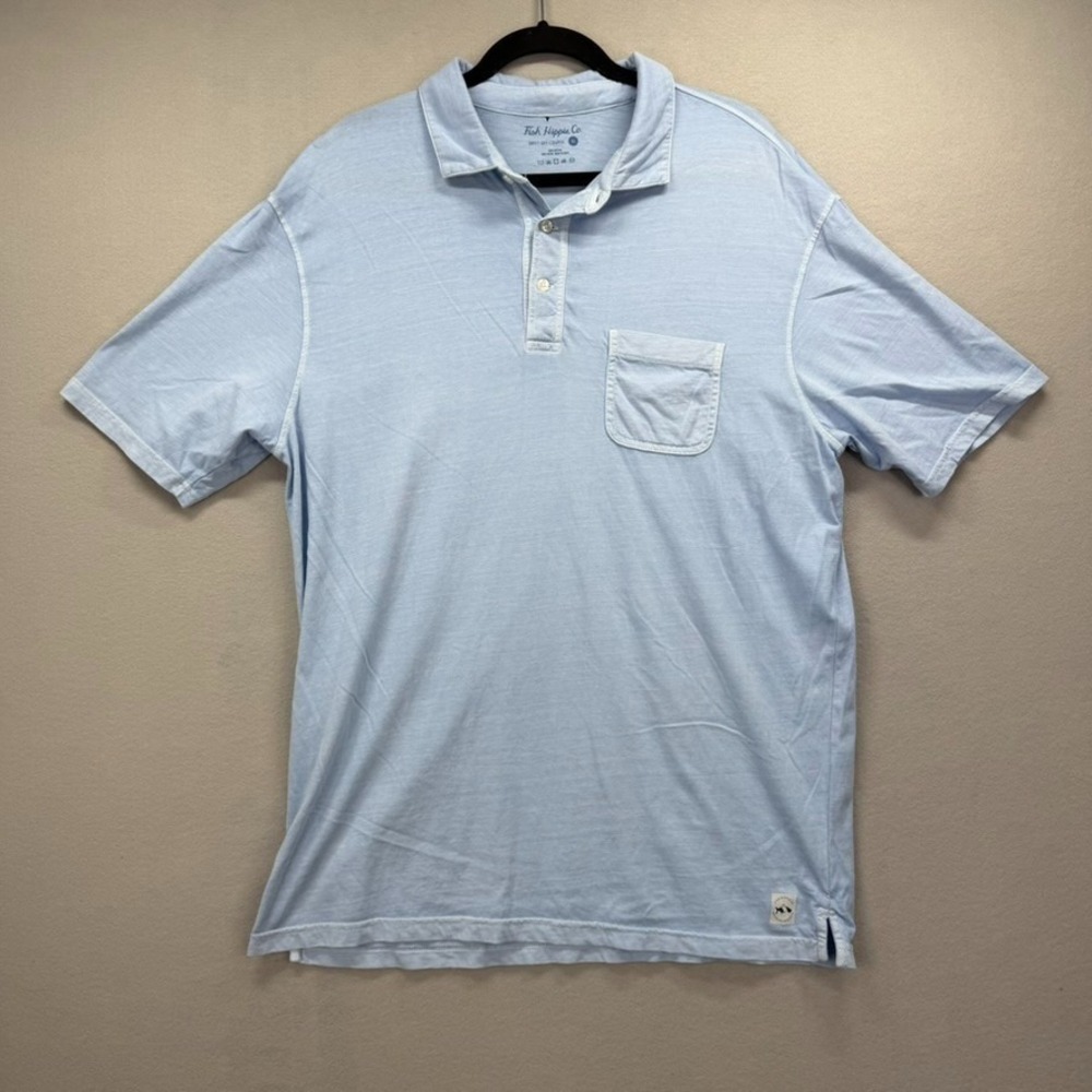 Fish Hippie Co Drift Off Course Polo Shirt Mens XL Blue Performance Side‎ Slit